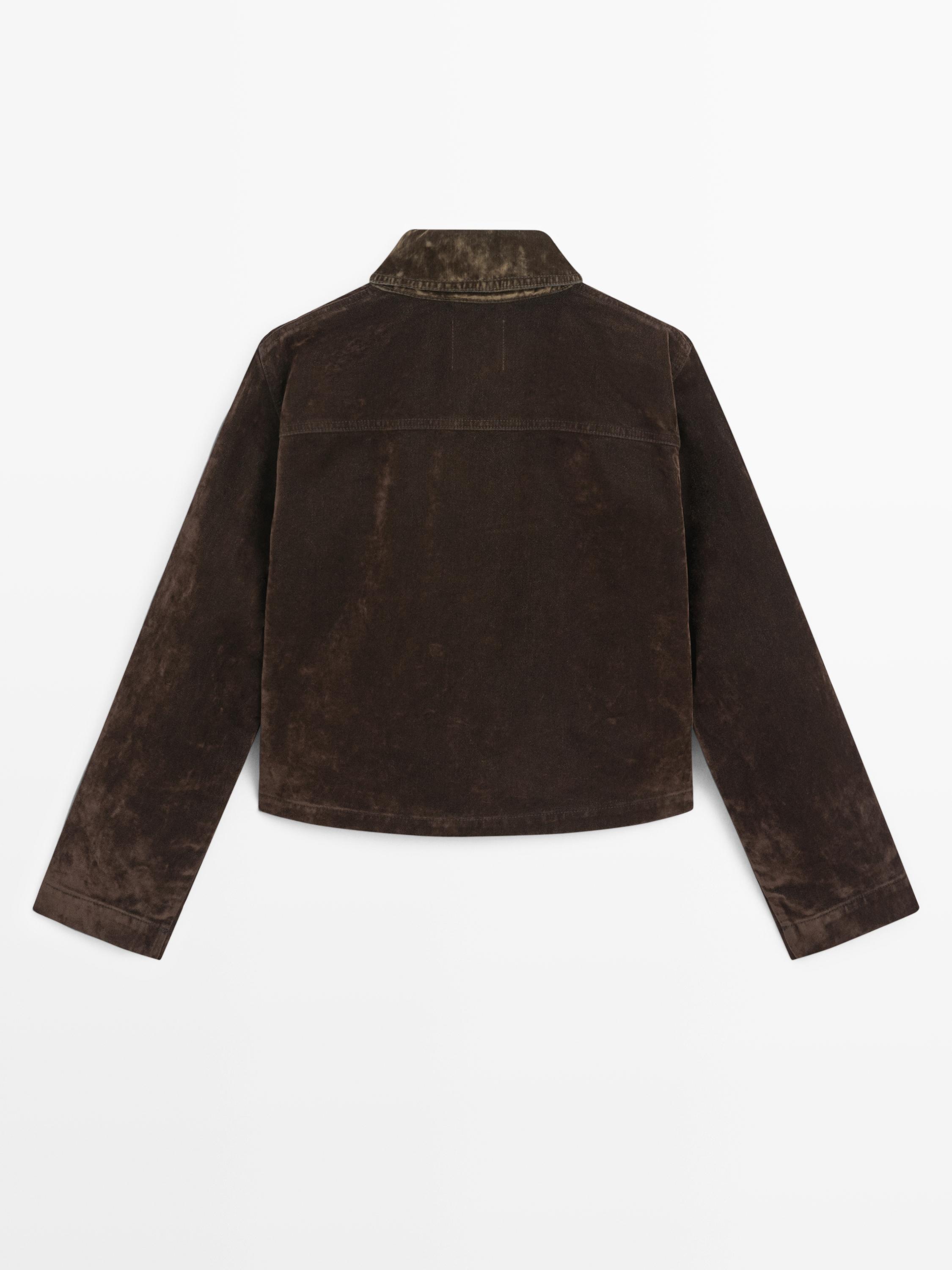 Short denim jacket with pockets and flocked finish